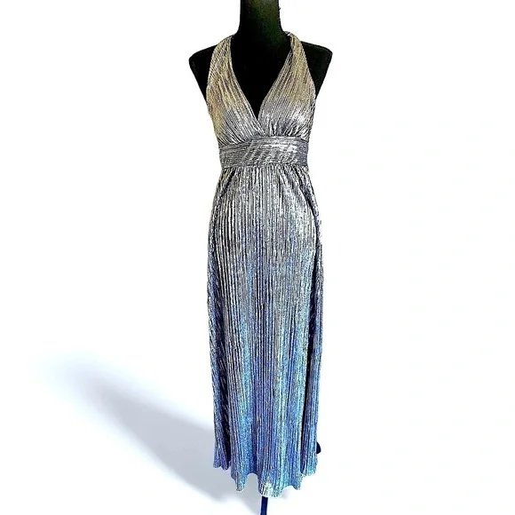 Silver Metallic Pleated Halter Top Maxi Dress Women’s Size Medium Gunmetal - Picture 2 of 11